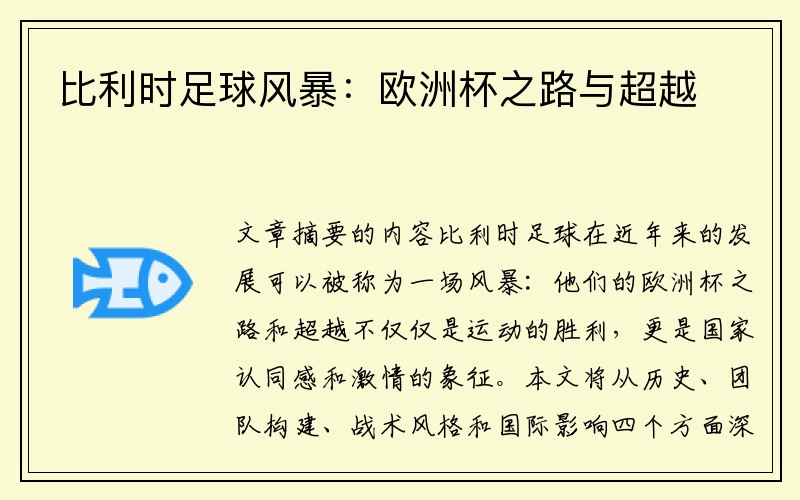 比利时足球风暴：欧洲杯之路与超越